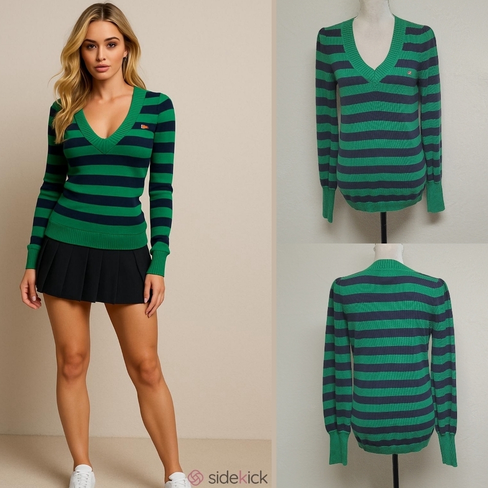 Polo Ralph Lauren Vintage 90s Navy Blue Green Striped Bishop Sleeve Sweater M
